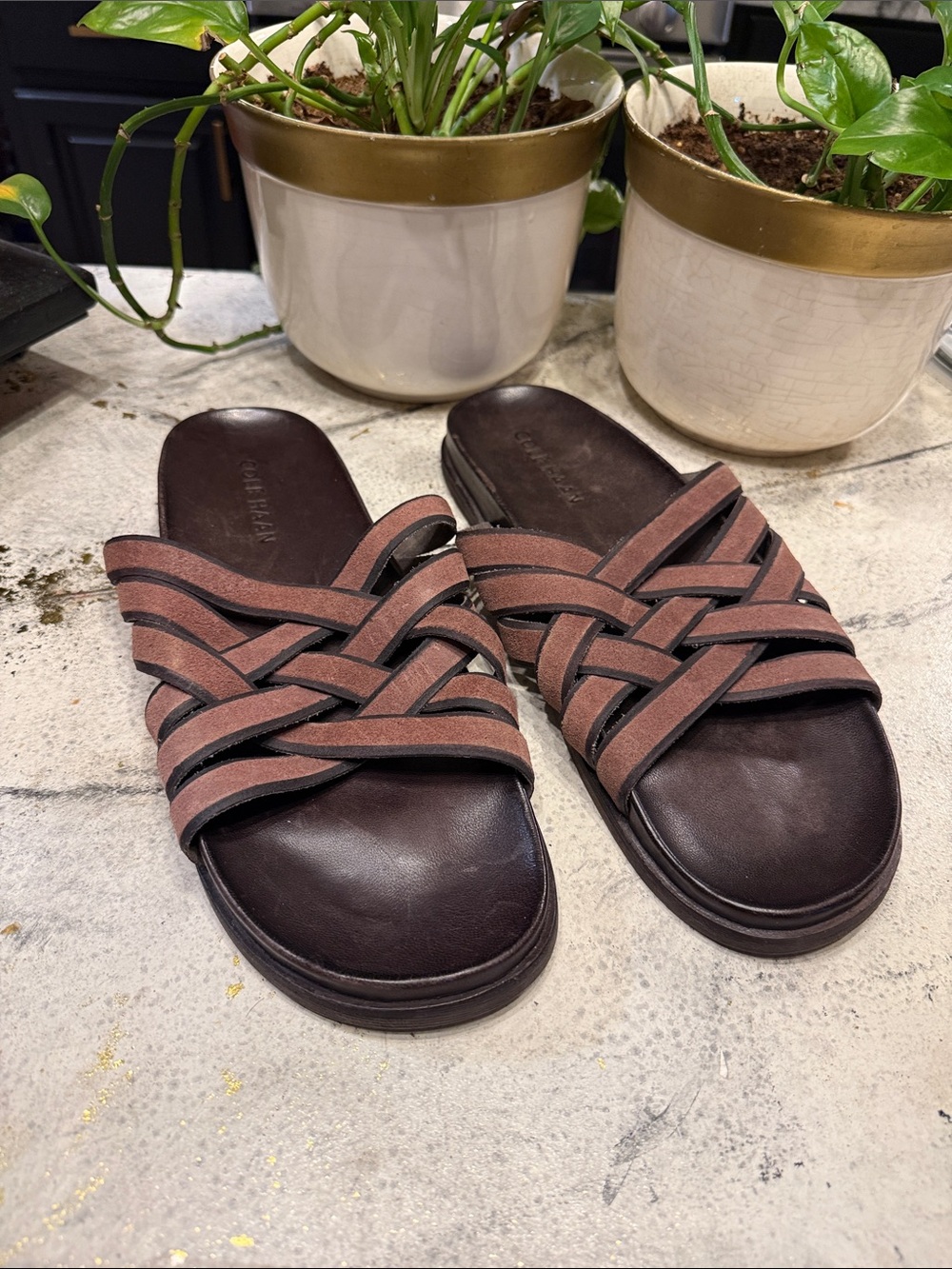 Cole Haan Men's Brown Woven Leather Slide Sandals